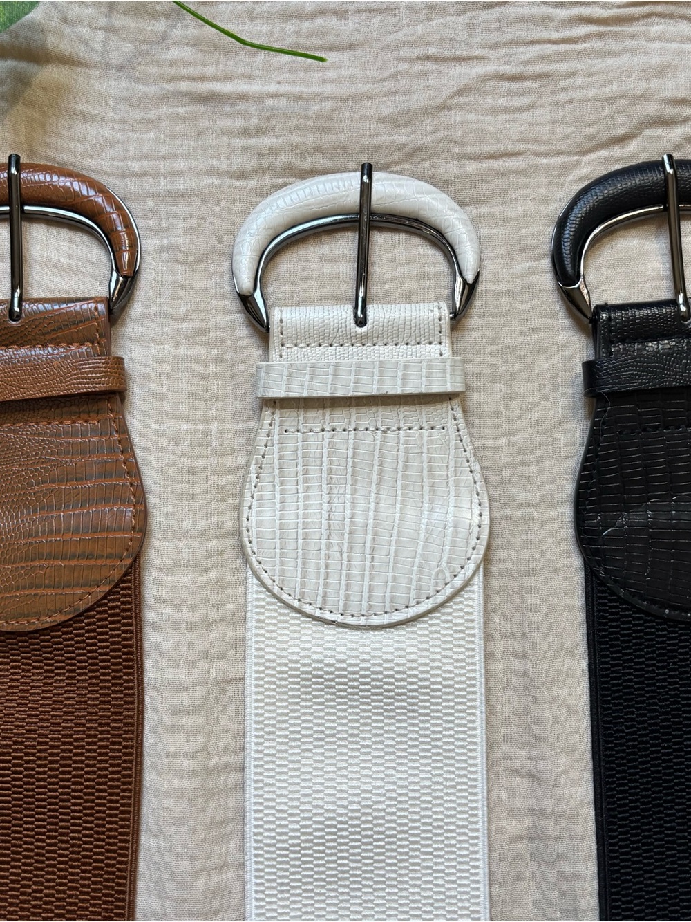 Set of 3 Wide Elastic Stretch Cinch Belts - Cognac Brown, Black, White Buckle